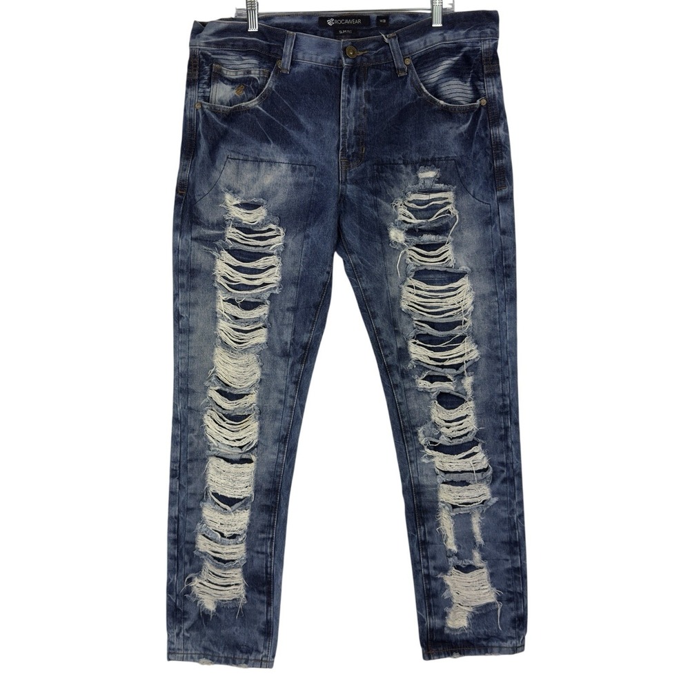 Rocawear Jeans Men 38x32 Slim Fit Heavy Distressed Acid Wash Double Knee Stretch